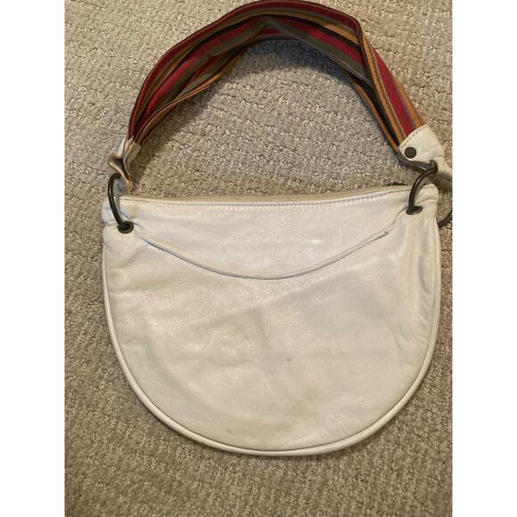 Bolsa White Leather Hobo Baguette Colorful Fabric Strap ~ HELLO LOVELY! - Picture 6 of 8